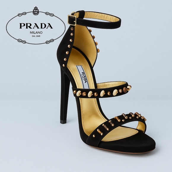 Prada Black Suede Studded Heels (Sandals in Black/Gold Calzature  Italian🇮🇹 - Picture 1 of 15